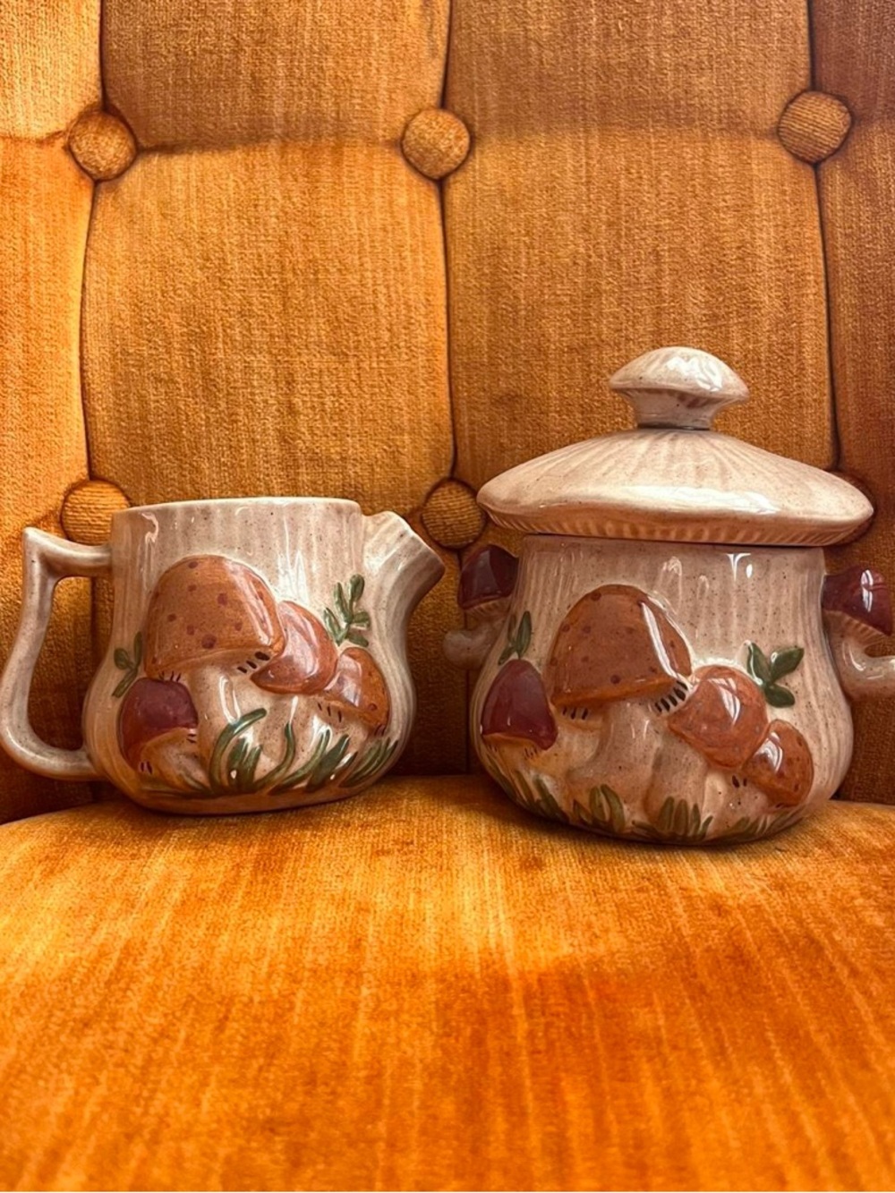 Hand-Painted Mushroom Ceramic Sugar and Creamer Set - Brown